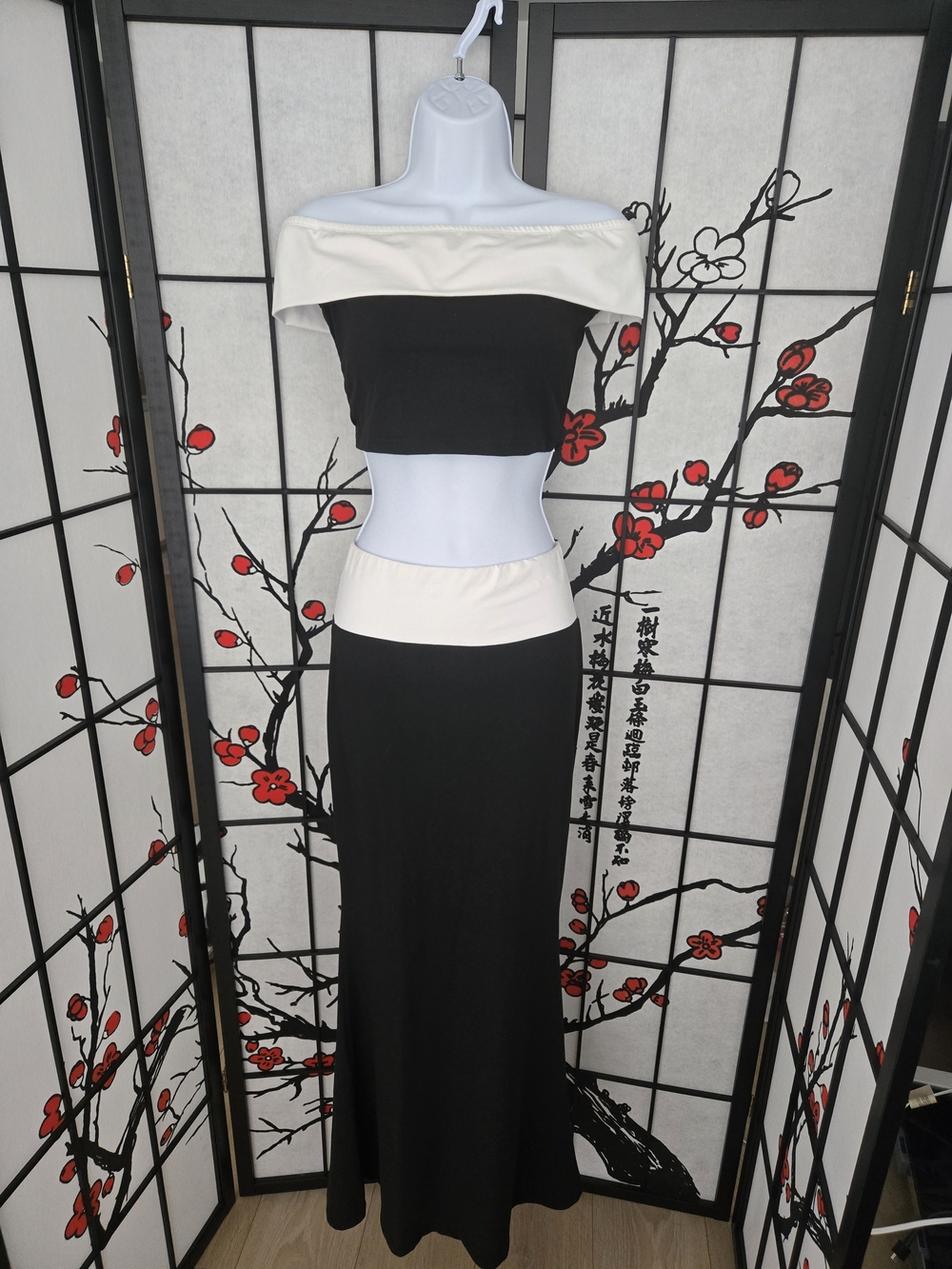 Two-Tone Black and Cream Off-Shoulder Maxi Skirt Set